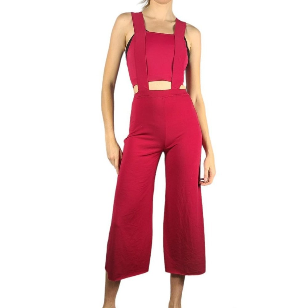 Red Solid Cutout Overall Jumpsuit